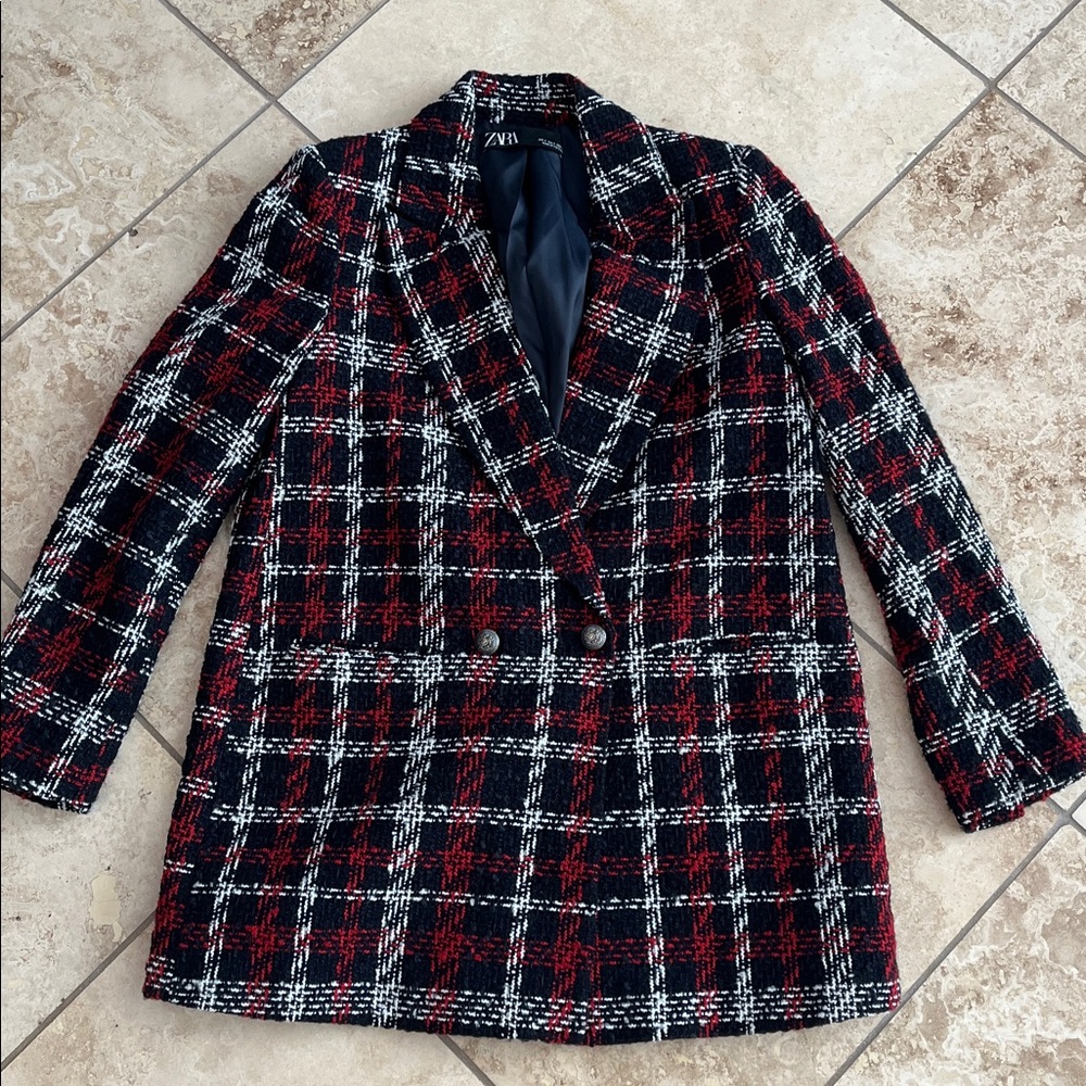 Zara Plaid Double-Breasted Blazer S